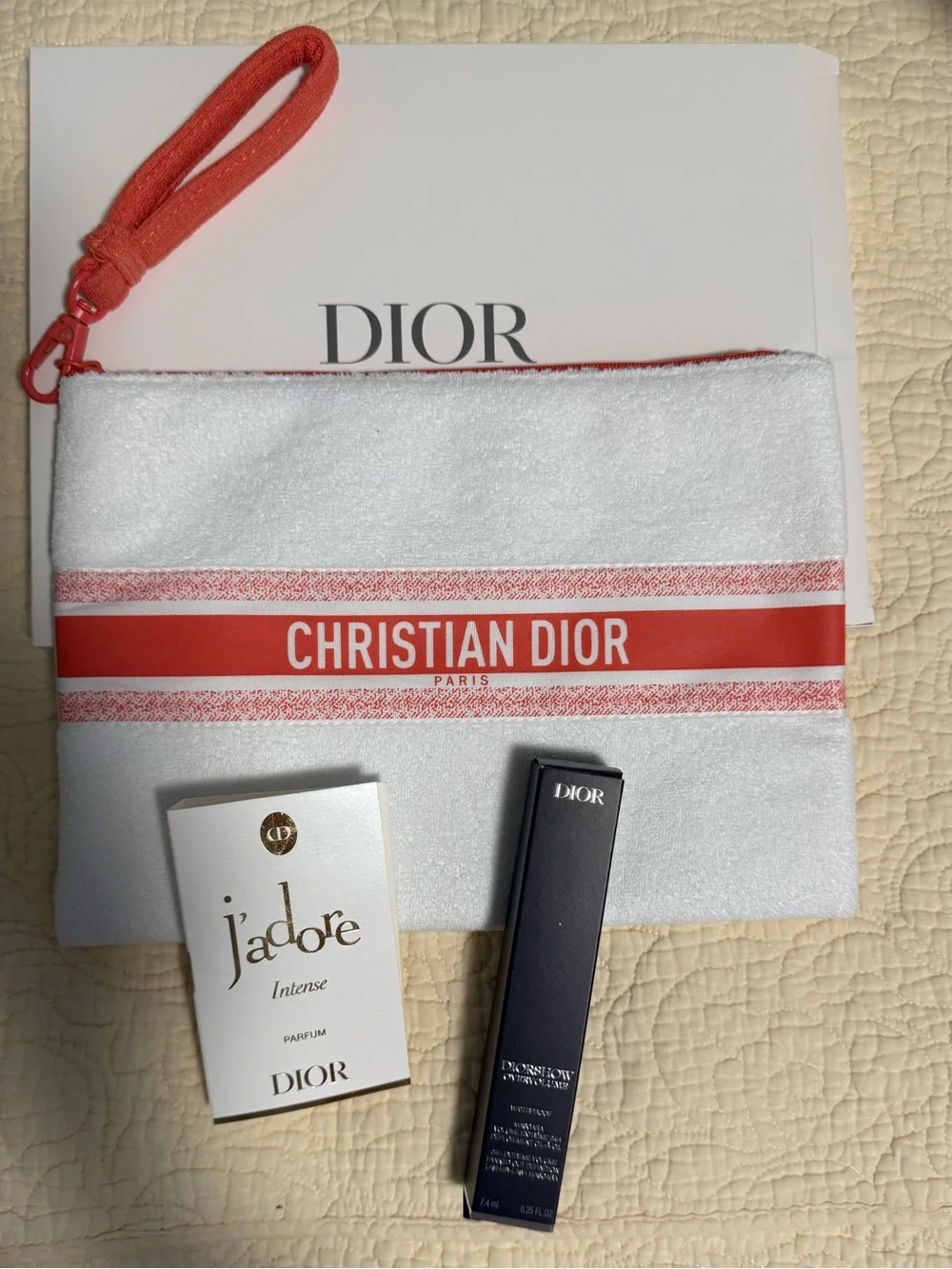 Dior Beauty White Terry Pouch with Coral Logo and Dior Over volume Mascara!